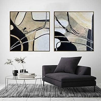 Handmade Abstract Black And White Painting Hand Painted Oil Painting Wall painting On Canvas Custom Minimalist Artwork Geometric Oil PaintingHome Decoration Decor miniinthebox