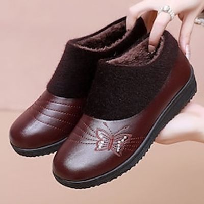 Women's Flats Soft Shoes Comfort Shoes Daily Rhinestone Embroidery Flat Heel Round Toe Plush Comfort Minimalism Faux Leather Faux Fur Loafer Solid Color Floral Black Red Lightinthebox