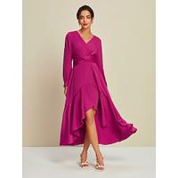 Magenta Satin Wedding Guest Long Sleeve Tie Back Maxi Party Dress dress to impress 2024 - thumbnail