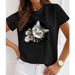 Women's 3D Cat Painting T shirt Cat 3D Print Round Neck Basic Tops White Black miniinthebox