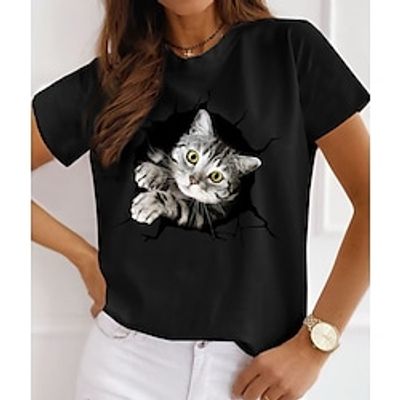 Women's 3D Cat Painting T shirt Cat 3D Print Round Neck Basic Tops White Black miniinthebox