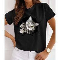 Women's 3D Cat Painting T shirt Cat 3D Print Round Neck Basic Tops White Black miniinthebox - thumbnail