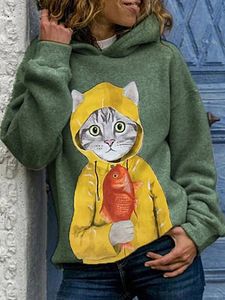 Round Neck Cat Print Long Sleeve Hoodie