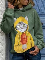 Round Neck Cat Print Long Sleeve Hoodie - thumbnail
