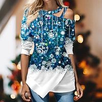 Women's Blouse Christmas Shirt Royal Blue Blue Purple Snowflake Cut Out Asymmetric Print Long Sleeve Party Christmas Casual Festival  Holiday Round Neck Regular Fit Spring   Fall Lightinthebox - thumbnail