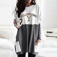 Women's T Shirt Dress Tee Dress Short Mini Dress Blue Gray Fuchsia Khaki Dark Gray Long Sleeve Color Block Letter Pocket Print Fall Winter Crew Neck Casual Modern 2022 S M L XL XXL 3XL 4XL 5XL miniinthebox - thumbnail