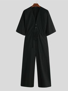INCERUN Men Casual Baggy Half Sleeve V-Neck Overalls Jumpsuit