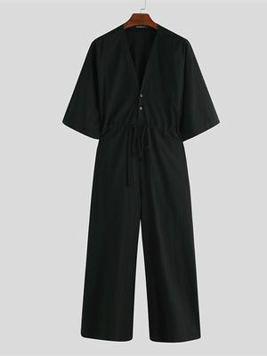 INCERUN Men Casual Baggy Half Sleeve V-Neck Overalls Jumpsuit