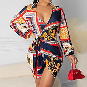 Women's A Line Dress Short Mini Dress Navy Blue Long Sleeve Print Print Fall V Neck Casual 2021 S M L XL XXL 3XL 4XL miniinthebox