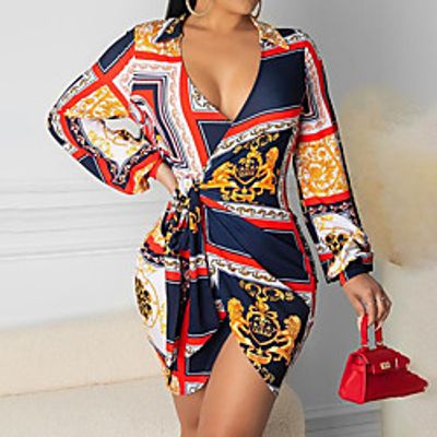 Women's A Line Dress Short Mini Dress Navy Blue Long Sleeve Print Print Fall V Neck Casual 2021 S M L XL XXL 3XL 4XL miniinthebox