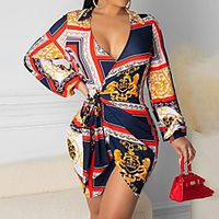 Women's A Line Dress Short Mini Dress Navy Blue Long Sleeve Print Print Fall V Neck Casual 2021 S M L XL XXL 3XL 4XL miniinthebox - thumbnail