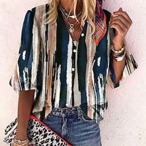 Women's Shirt Blouse Green Tie Dye Striped Button Print Long Sleeve Daily Weekend Streetwear Casual V Neck Regular S miniinthebox