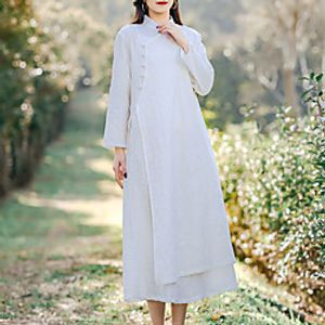 Women's A Line Dress Midi Dress Blue White Purple Pink Yellow Long Sleeve Pure Color Layered Lace up Button Spring Summer Stand Collar Vintage Traditional Chinoiserie 2021 One-Size miniinthebox