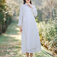 Women's A Line Dress Midi Dress Blue White Purple Pink Yellow Long Sleeve Pure Color Layered Lace up Button Spring Summer Stand Collar Vintage Traditional Chinoiserie 2021 One-Size miniinthebox - thumbnail