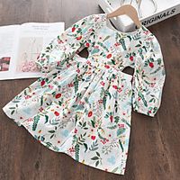 Kids Little Girls' Dress Trees  Leaves Flower Hole Green Navy Blue Knee-length Long Sleeve Cute Dresses Spring   Fall Cross-Seasons Slim 2-6 Years Lightinthebox - thumbnail