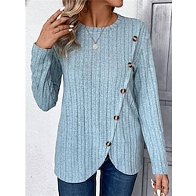 Women's Shirt Blouse Plain Blue Button Long Sleeve Casual Fashion Round Neck Regular Fit Fall  Winter Lightinthebox