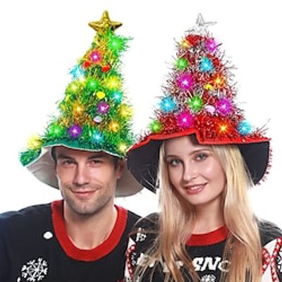 Christmas Hat 2 Pack Light Up Christmas Hats Funny Santa Hat with Tinsel 30 LED Colorful Lights Poms Christmas Costume Accessories for Adults Kids Xmas Tree Hat Holiday Party Theme Hats miniinthebox