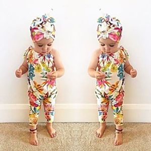Baby Girls' Active Floral Print Sleeveless Romper Blue Orange miniinthebox