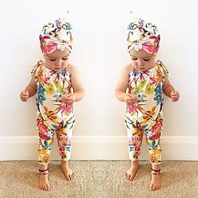 Baby Girls' Active Floral Print Sleeveless Romper Blue Orange miniinthebox