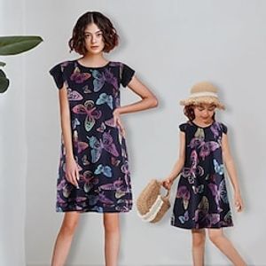 Mommy and Me Dresses Animal Butterfly Casual Purple Short Sleeve Above Knee T Shirt Dress Tee Dress Active Matching Outfits Lightinthebox