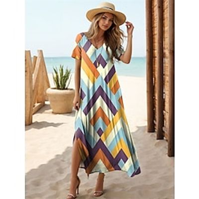 Women's Casual Dress Summer Dress Geometric Color Block Split Print V Neck Long Dress Maxi Dress Streetwear Maxi Street Holiday Short Sleeve Regular Fit Yellow Blue Purple Summer S M L XL XXL Lightinthebox