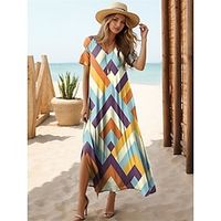 Women's Casual Dress Summer Dress Geometric Color Block Split Print V Neck Long Dress Maxi Dress Streetwear Maxi Street Holiday Short Sleeve Regular Fit Yellow Blue Purple Summer S M L XL XXL Lightinthebox - thumbnail
