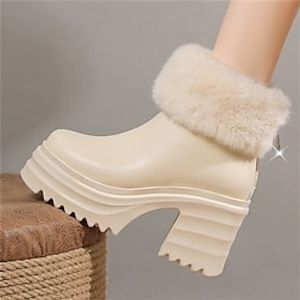 Women's Boots Plus Size Heel Boots Party Office New Year Fleece Lined Booties Ankle Boots Platform Chunky Heel Round Toe Elegant Vintage Cute Faux Leather Faux Fur Zipper Black Beige miniinthebox