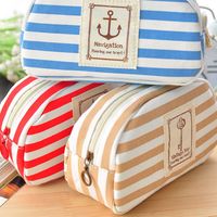 3 Colors Navy Style Stripe Makeup Bag Pen Pencil Case Cosmetic Pouch Purse Canva Storage