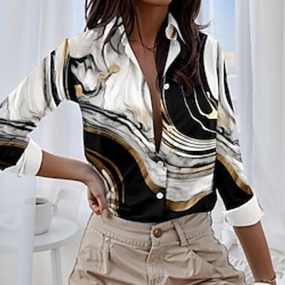 Women's Shirt Blouse Graphic Abstract Red Blue Brown Print Button Long Sleeve Casual Fashion Shirt Collar Regular Fit Spring   Fall Lightinthebox