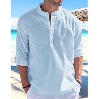 Men's Shirt Linen Shirt Popover Shirt Summer Shirt Beach Shirt White Blue Khaki Long Sleeve Plain Band Collar Spring Summer Casual Daily Clothing Apparel Lightinthebox - thumbnail