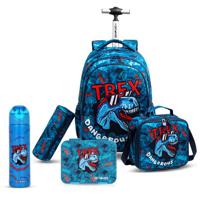 Eazy Kids 18Inch Set Of 5 Trolley School Bag With Bento Lunch Box Stainless Steel 640Ml Water Bottle Lunch Bag And Pencil Case - Trex Dinosaur - Blue