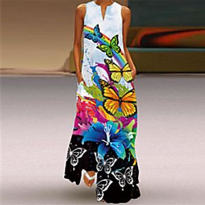Women's Swing Dress Maxi long Dress Blue Yellow Green Rainbow White Black Sleeveless Floral Animal Summer V Neck Elegant Casual 2021 S M L XL XXL 3XL 4XL 5XL miniinthebox