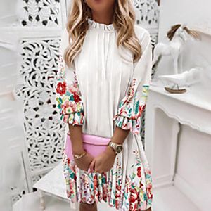 Women's A Line Dress Knee Length Dress Purple Blushing Pink Dusty Rose Green Orange White Red Beige 3/4 Length Sleeve Floral Butterfly Ruched Print Fall Turtleneck Casual 2021 S M L XL XXL 3XL miniinthebox