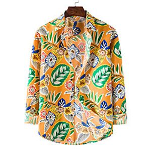 Men's Shirt Other Prints Graphic Leaves Long Sleeve Casual Tops Casual Light Yellow miniinthebox