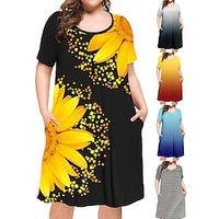 Women's Plus Size Casual Dress Shift Dress Floral Stripe Midi Dress Short Sleeve Pocket Print Crew Neck Fashion Daily Black Yellow Spring Summer XL XXL 3XL 4XL Lightinthebox - thumbnail