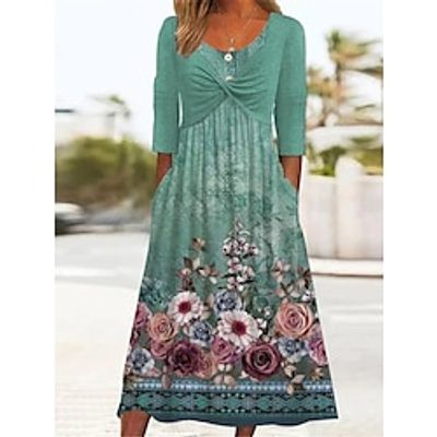 Women's Casual Dress Summer Dress Print Dress Floral Patchwork Button V Neck Midi Dress Active Fashion Daily Vacation 34 Length Sleeve Loose Fit Green Summer Spring S M L XL XXL Lightinthebox
