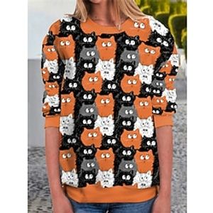 Women's Halloween Sweatshirt Pullover Active Sports Blue Orange Cat Halloween Casual Round Neck Long Sleeve Top Micro-elastic Fall  Winter Lightinthebox