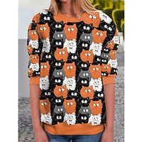 Women's Halloween Sweatshirt Pullover Active Sports Blue Orange Cat Halloween Casual Round Neck Long Sleeve Top Micro-elastic Fall  Winter Lightinthebox - thumbnail