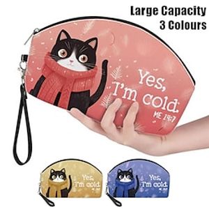 Women's Makeup Bag Pen Bag Wristlet Cosmetic Bag PU Leather Daily Holiday Travel Print Large Capacity Lightweight Durable Cat Yellow Pink Blue Lightinthebox