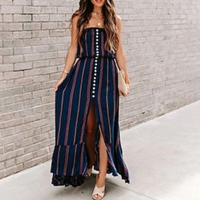 Women's A Line Dress Maxi long Dress Dark Blue Sleeveless Striped Split Button Spring Summer Strapless Stylish Casual 2022 S M L XL XXL 3XL miniinthebox Women's A Line Dress Maxi long Dress Dark Blue Sleeveless Striped Split Button Spring Summer Strapless Stylish Casual 2022 S M L XL XXL 3XL miniinthebox