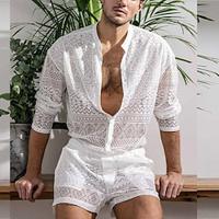 Men's Matching Sets Black Shirt Casual Shirt Summer Shirt Shorts Casual Shorts Sets Long Sleeve Band Collar Daily Wear Vacation Plain Mesh 2 Piece Cotton Blend Summer Lightinthebox