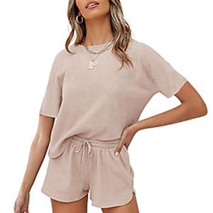 amazon cross-border women's 2021 summer new waffle solid color round neck short sleeve  drawstring shorts suit Lightinthebox