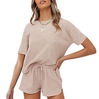 amazon cross-border women's 2021 summer new waffle solid color round neck short sleeve  drawstring shorts suit Lightinthebox - thumbnail