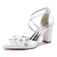 Women's Wedding Shoes Ladies Shoes Valentines Gifts White Shoes Wedding Party Daily Bridal Shoes Rhinestone Satin Flower Chunky Heel Pointed Toe Elegant Fashion Cute Satin Cross Strap White Ivory Lightinthebox - thumbnail