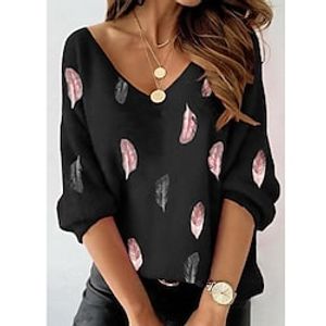 Women's T shirt Tee Black Graphic Feather Print Long Sleeve Casual Weekend Basic V Neck Regular S miniinthebox