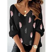 Women's T shirt Tee Black Graphic Feather Print Long Sleeve Casual Weekend Basic V Neck Regular S miniinthebox - thumbnail
