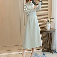 Women's Cheongsam Dress Midi Dress Light Green Long Sleeve Solid Color Split Lace Fall Winter Mandarin Collar Elegant Casual Traditional 2021 M L XL XXL miniinthebox - thumbnail
