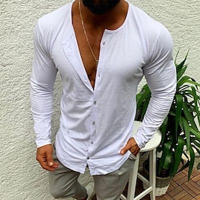 Men's T shirt Tee Shirt Button Down Collar Wine Khaki White Black Casual Long Sleeve Button-Down Clothing Apparel Cotton Fashion Lightweight Muscle Big and Tall Lightinthebox
