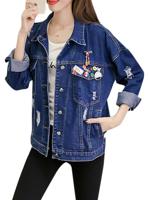 Vintage Badge Hole Long Sleeves Pocket Denim Jacket For Women