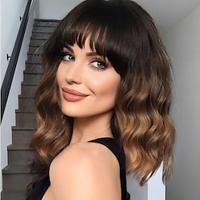 Short Wavy Brown Wig with Bangs Short Ombre Brown Light Brown Burgundy Black Blonde Bob Wigs for Women Wavy Bob Wig with Bangs Synthetic Natural Looking Wigs 14 inch Lightinthebox